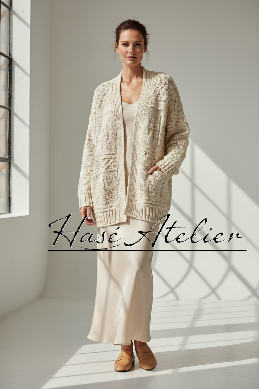A woman stands in a bright studio wearing a cream cable-knit cardigan over a matching cream dress, with tan shoes. The words 'Hasé Atelier' are overlaid across the lower middle of the image.